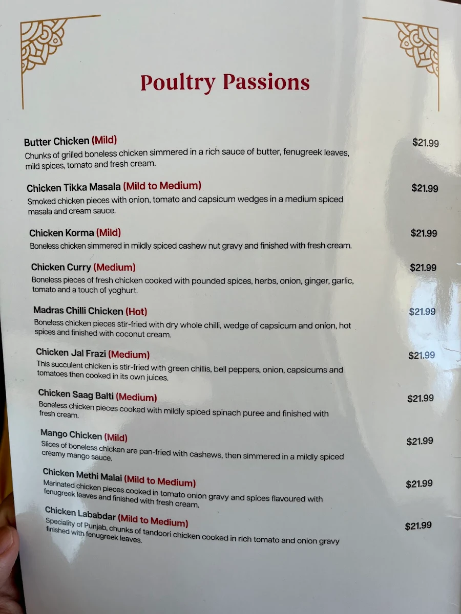 Menu, Navratna Indian restaurant