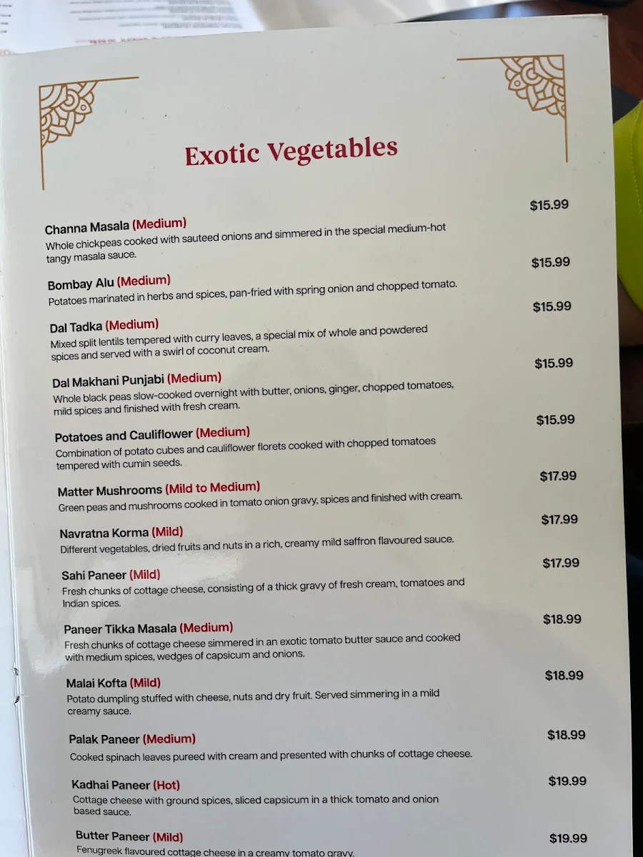 Menu, Navratna Indian restaurant