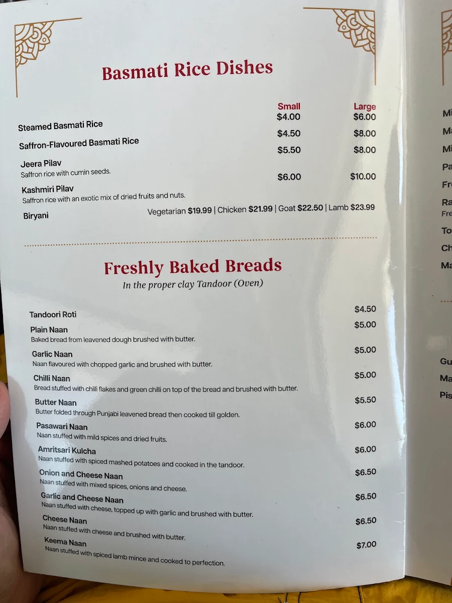 Menu, Navratna Indian restaurant