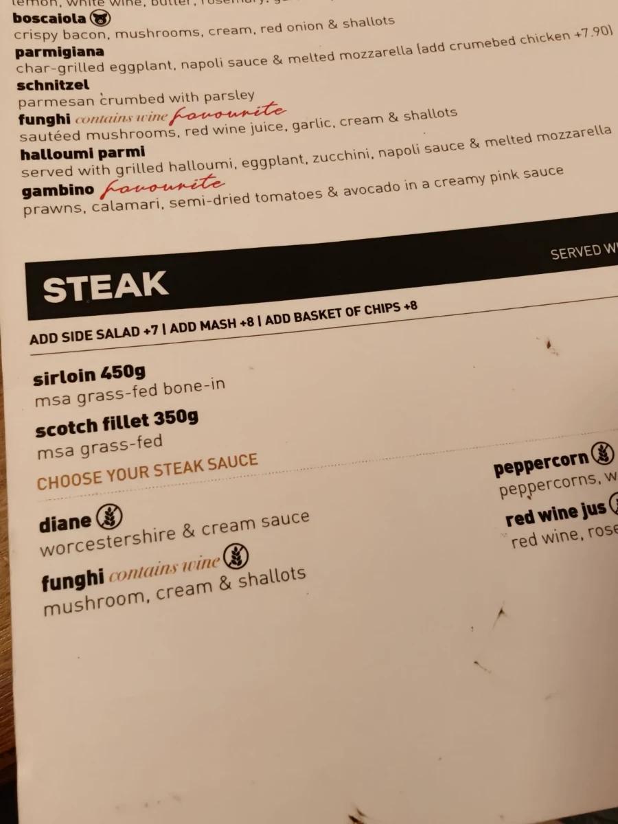 Menu, Criniti's Wetherill Park