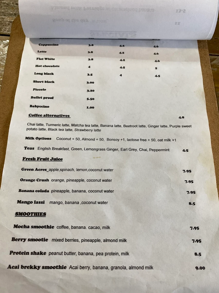 Menu, The Natural Choice Cafe