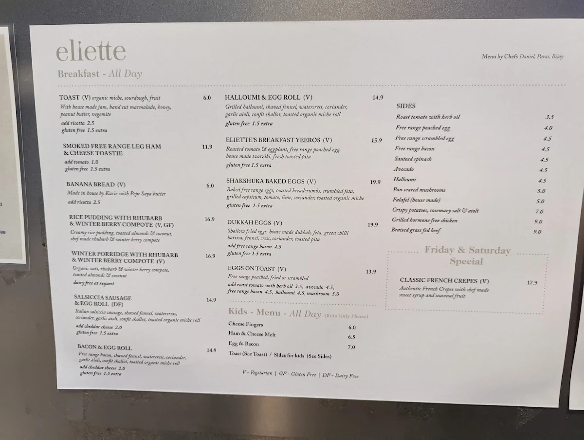 Menu, Eliette