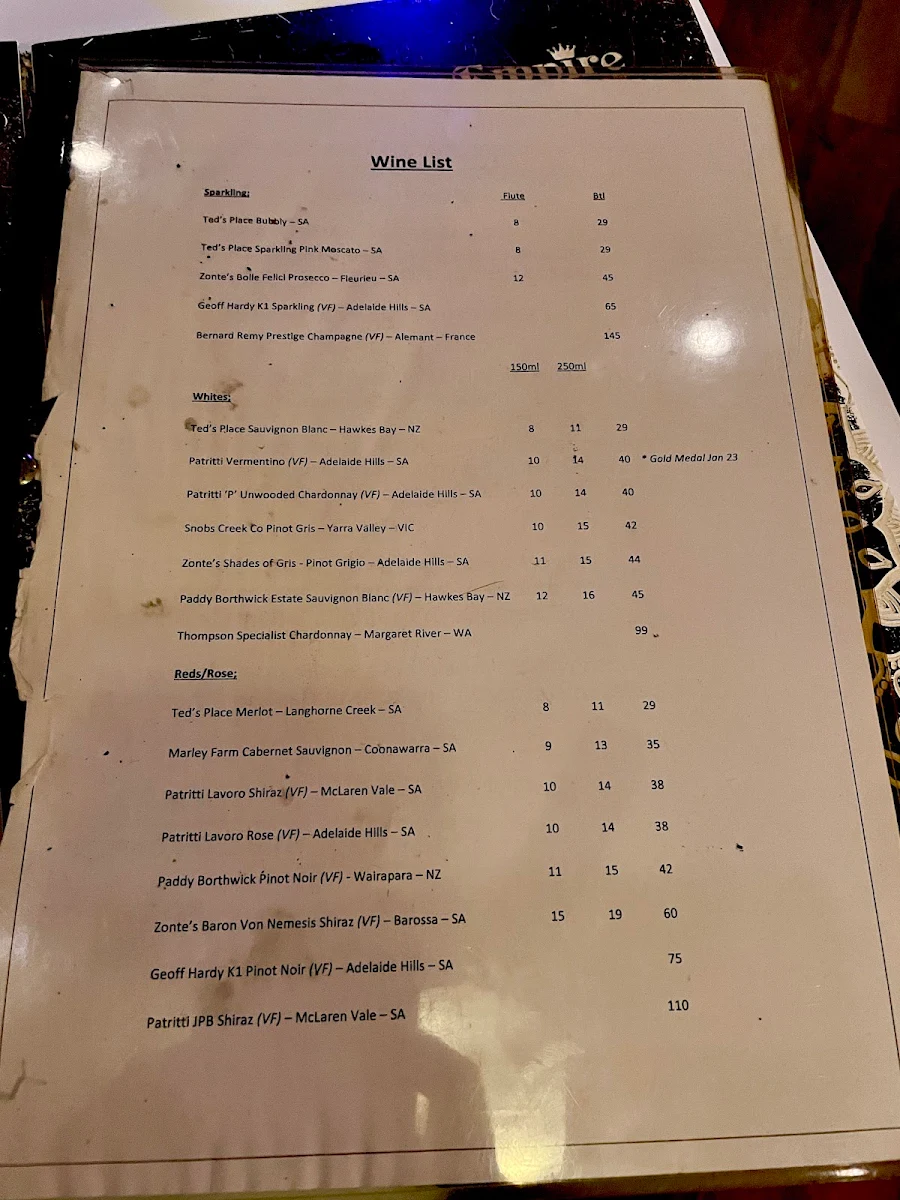 Menu, Indian Empire