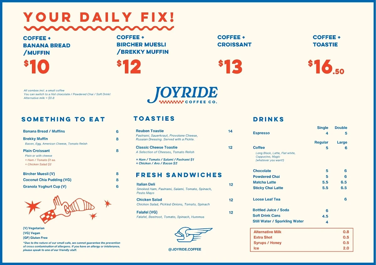 Menu, Joyride Coffee Co.