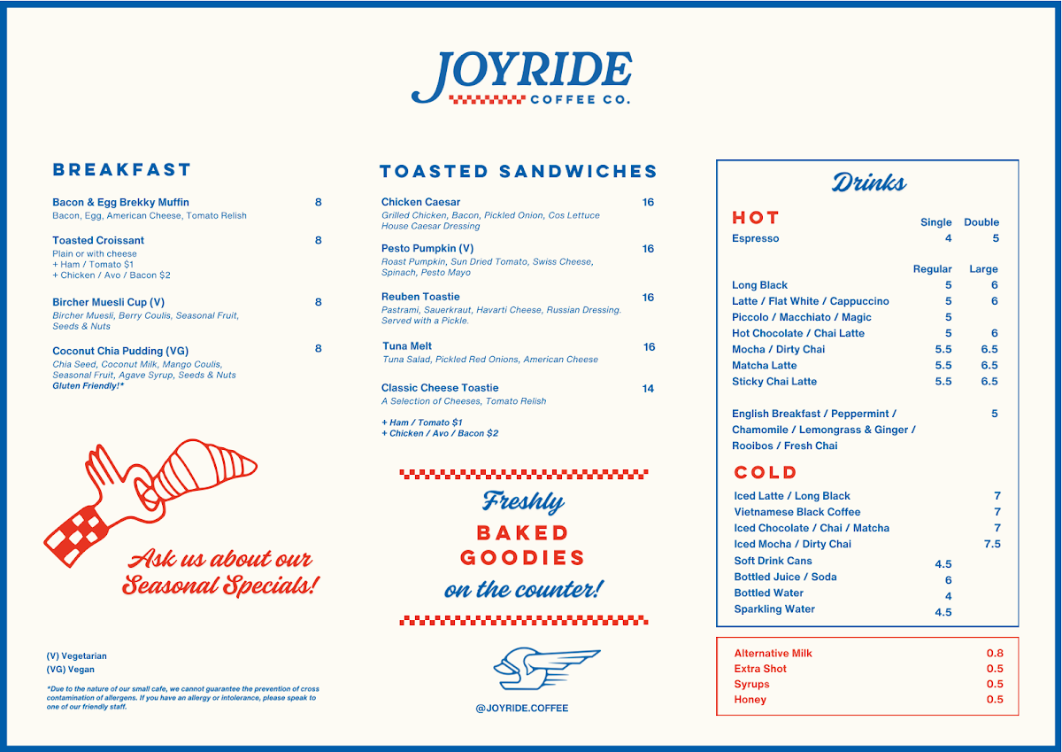 Menu, Joyride Coffee Co.