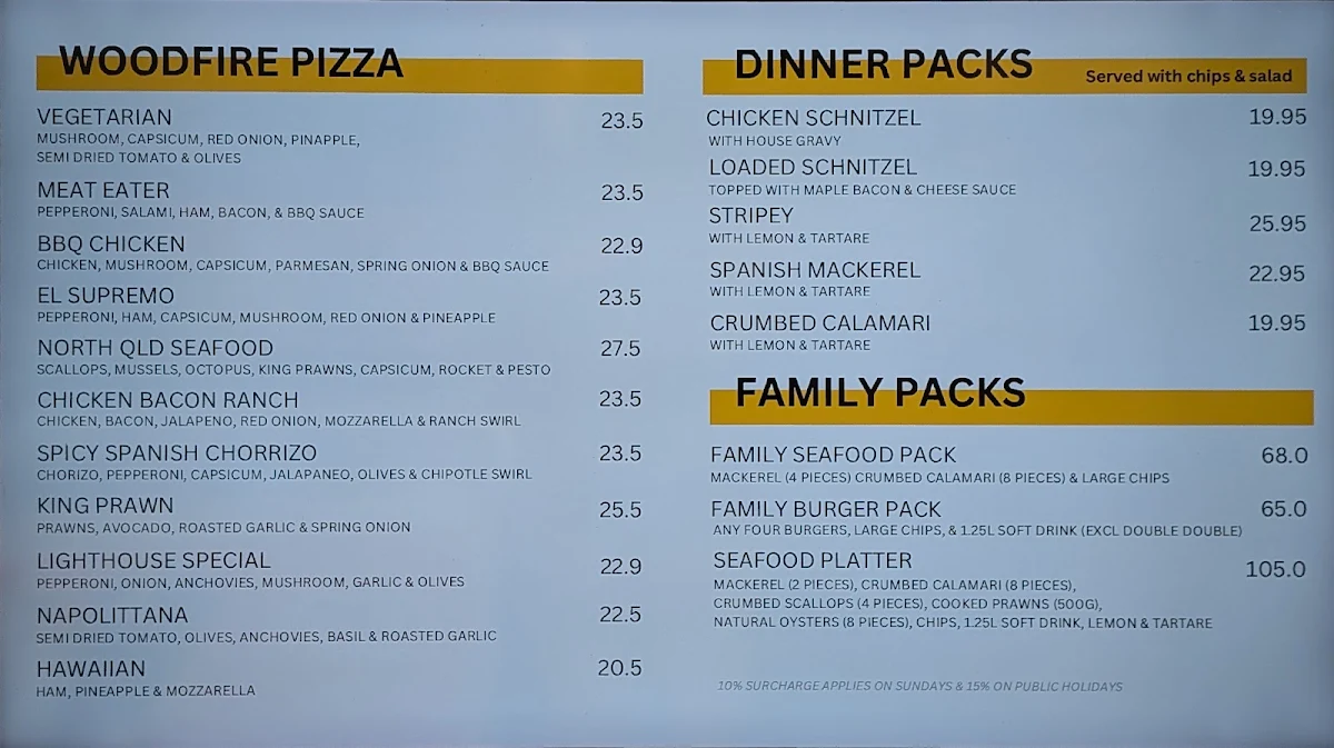 Menu, Lighthouse Seafood Mackay