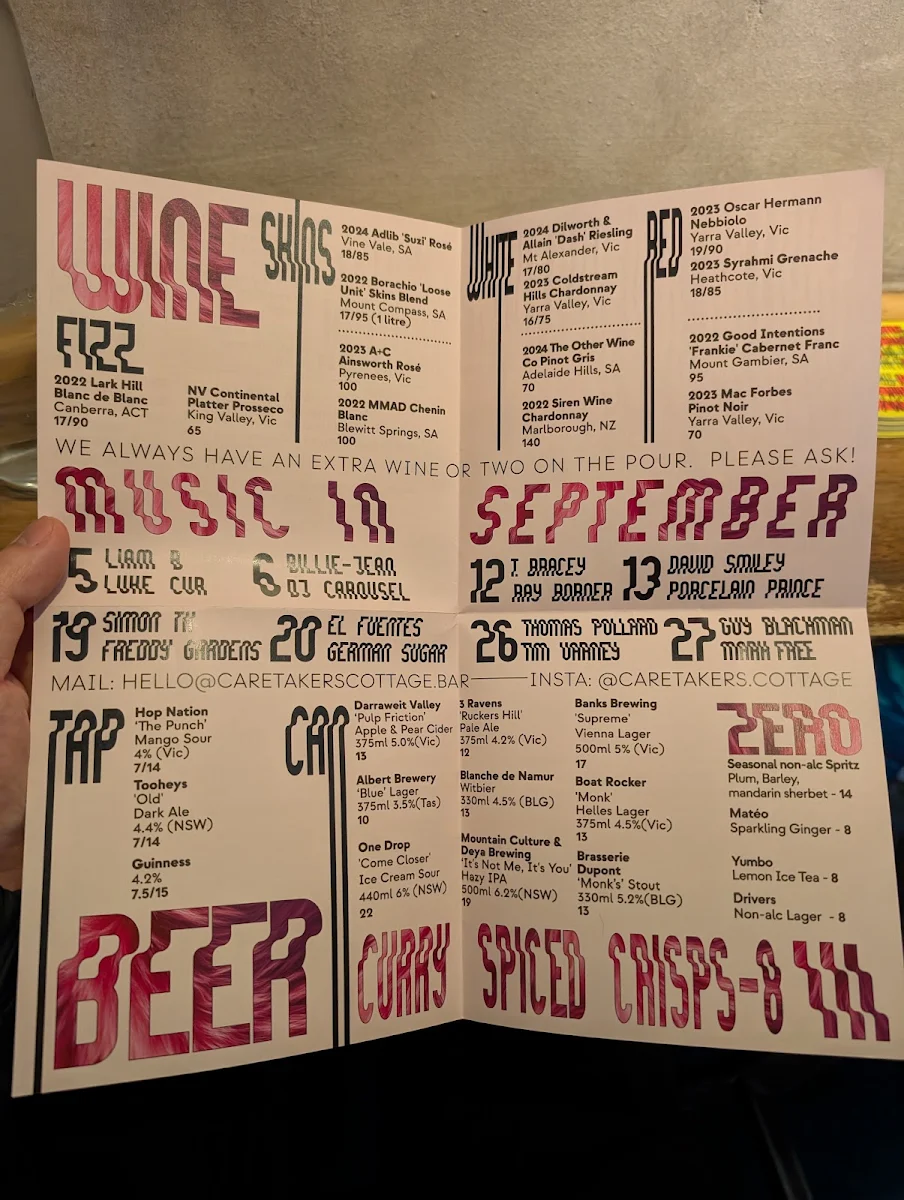 Menu, Caretaker's Cottage