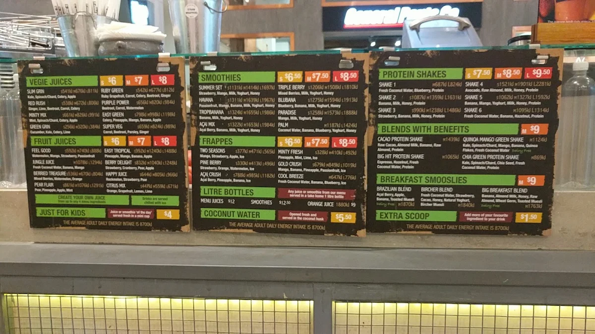 Menu, Top Juice Macquarie (Fashion Gallery near ZARA)