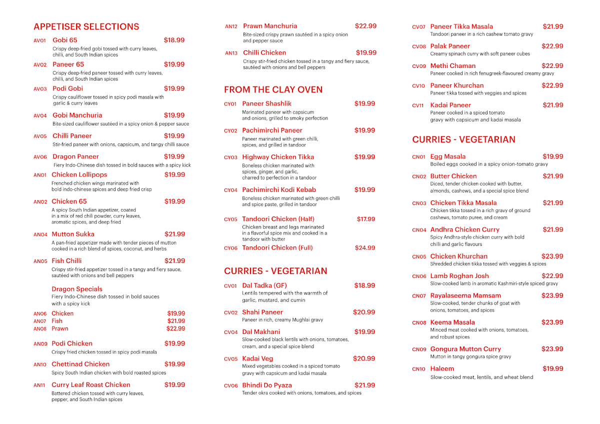 Menu, Chilli India Wentworthville