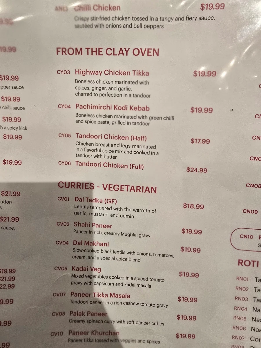 Menu, Chilli India Wentworthville
