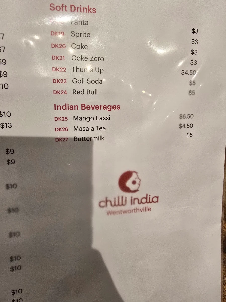 Menu, Chilli India Wentworthville