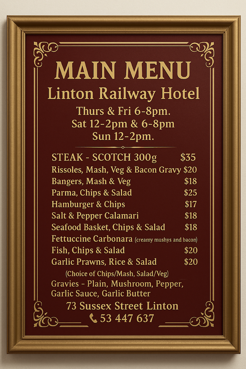 Menu, Linton Railway Hotel - 120yo Country Pub 25 mins from Ballarat