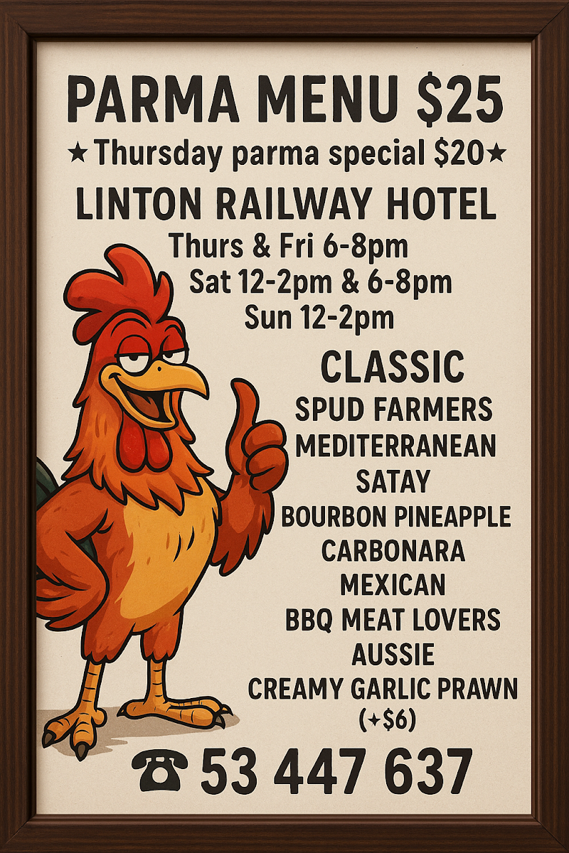 Menu, Linton Railway Hotel - 120yo Country Pub 25 mins from Ballarat