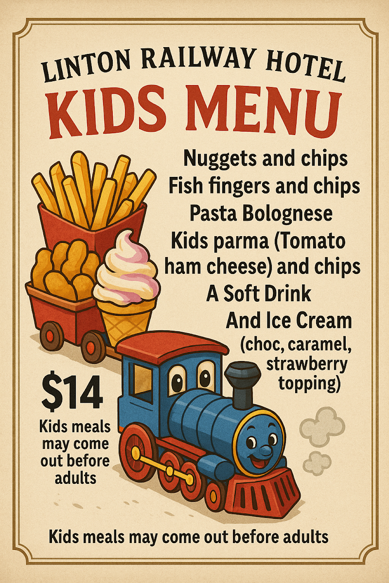 Menu, Linton Railway Hotel - 120yo Country Pub 25 mins from Ballarat