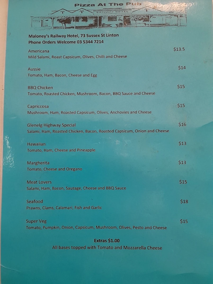 Menu, Linton Railway Hotel - 120yo Country Pub 25 mins from Ballarat