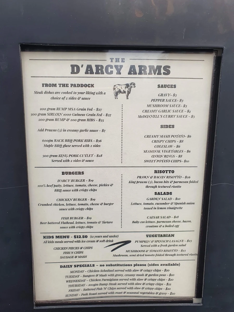 Menu, D'Arcy Arms