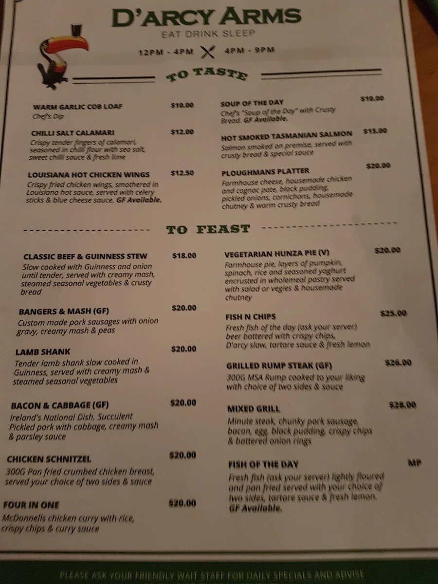 Menu, D'Arcy Arms