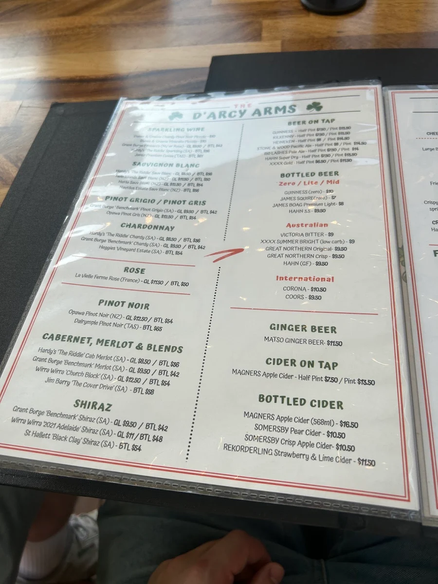 Menu, D'Arcy Arms