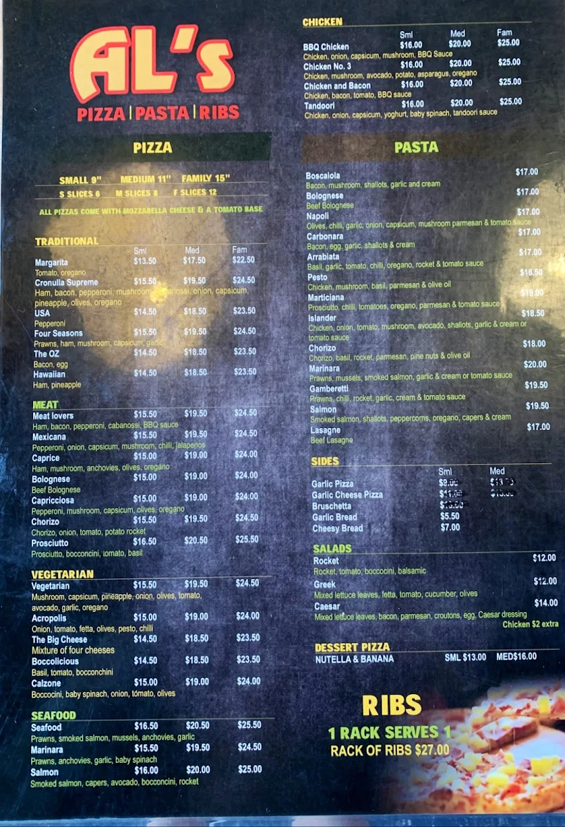 Menu, Al's Pizza Pasta & Ribs