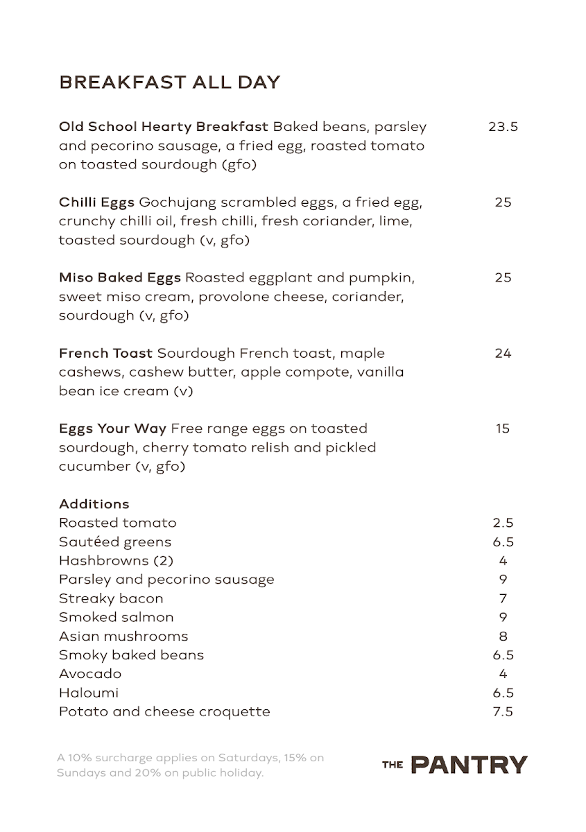 Menu, Blue Tongue Pantry