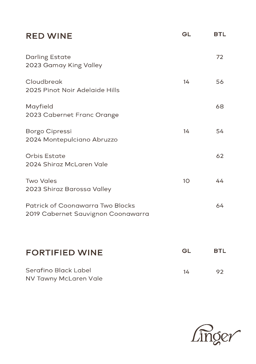 Menu, Blue Tongue Pantry