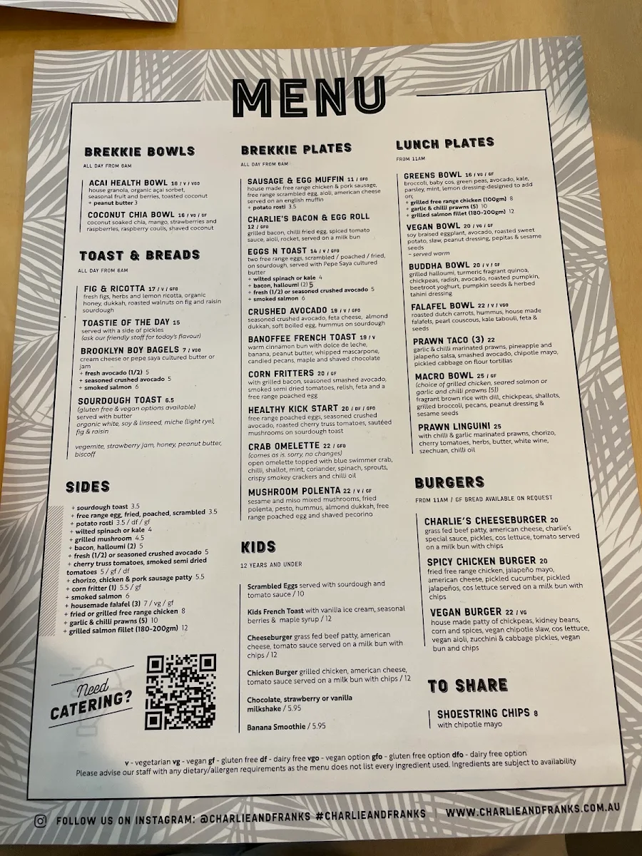 Menu, Charlie + Franks North Sydney