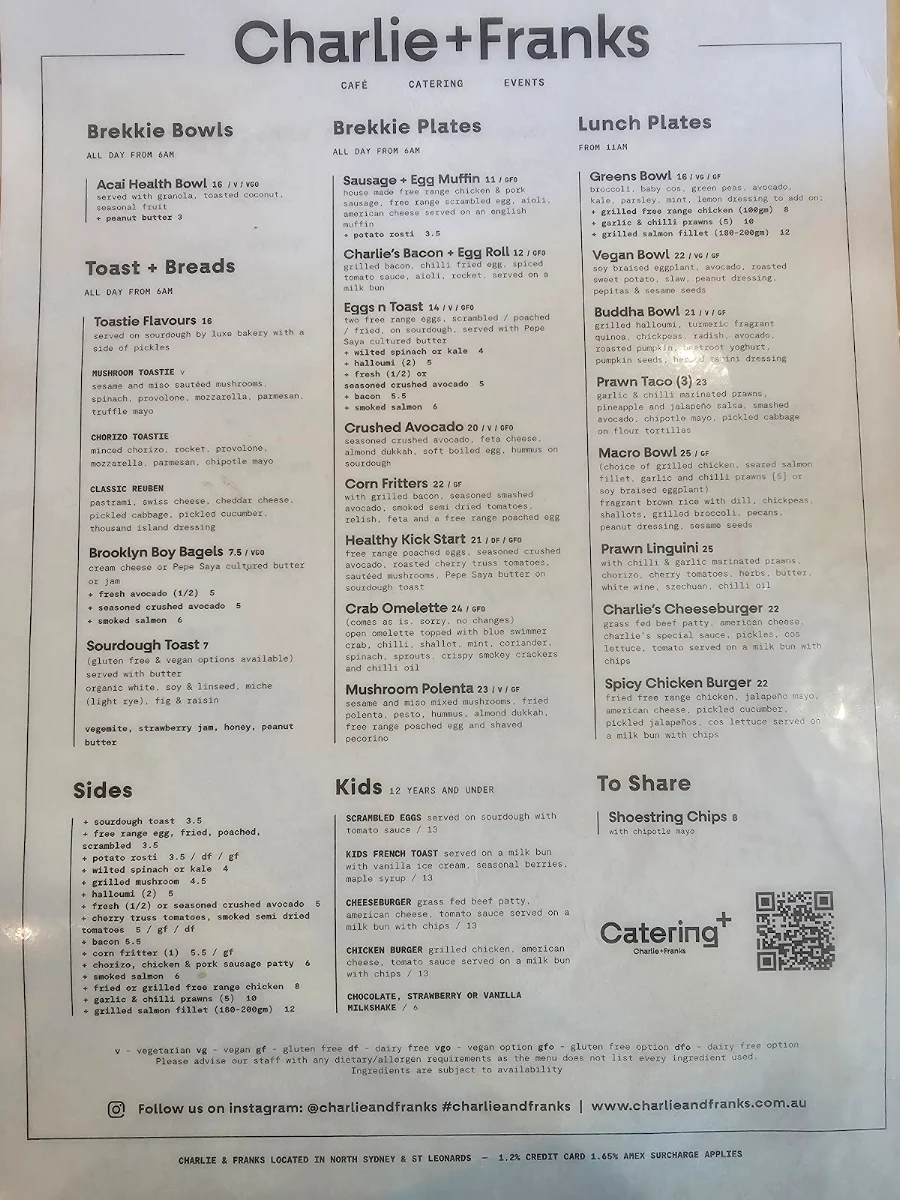Menu, Charlie + Franks North Sydney
