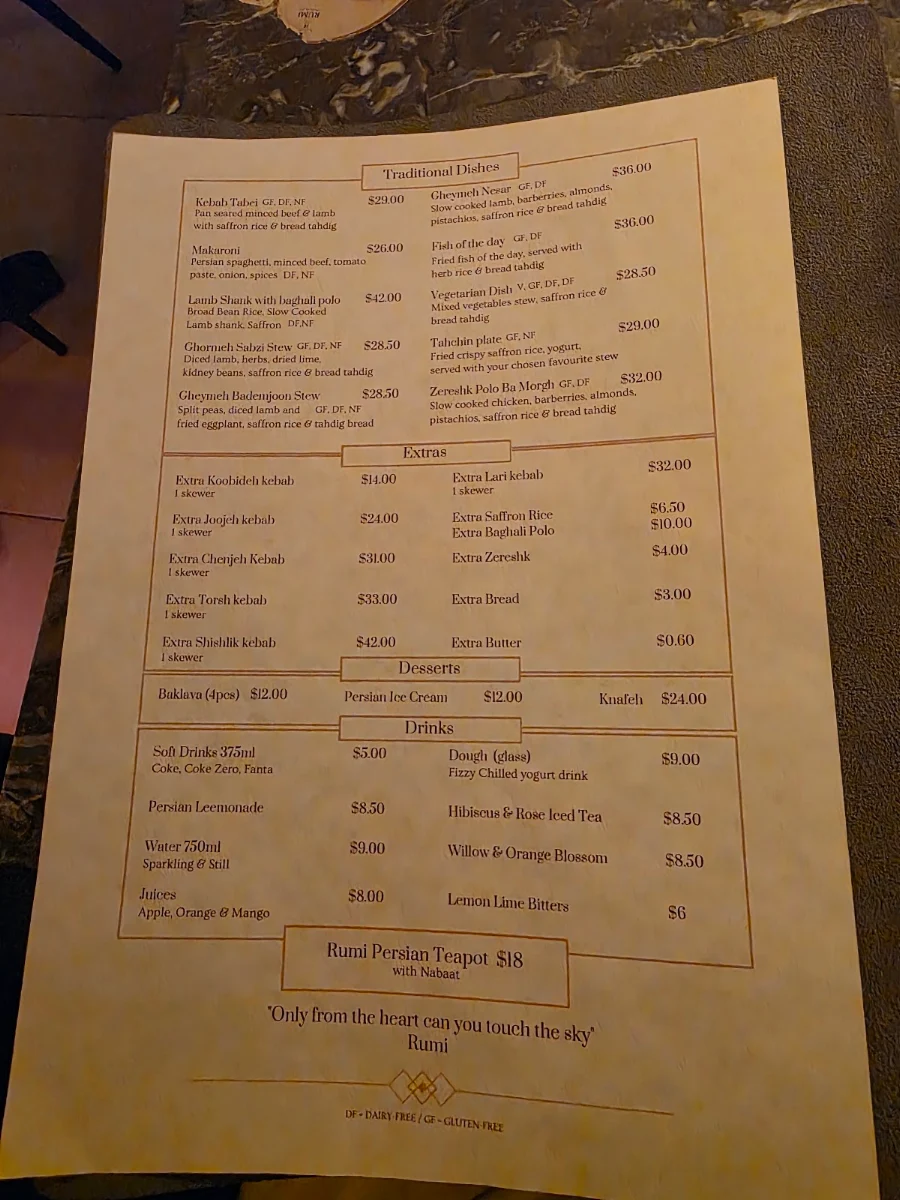 Menu, Rumi Persian Kitchen