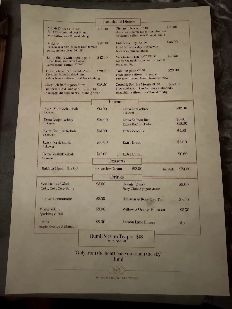 Menu, Rumi Persian Kitchen