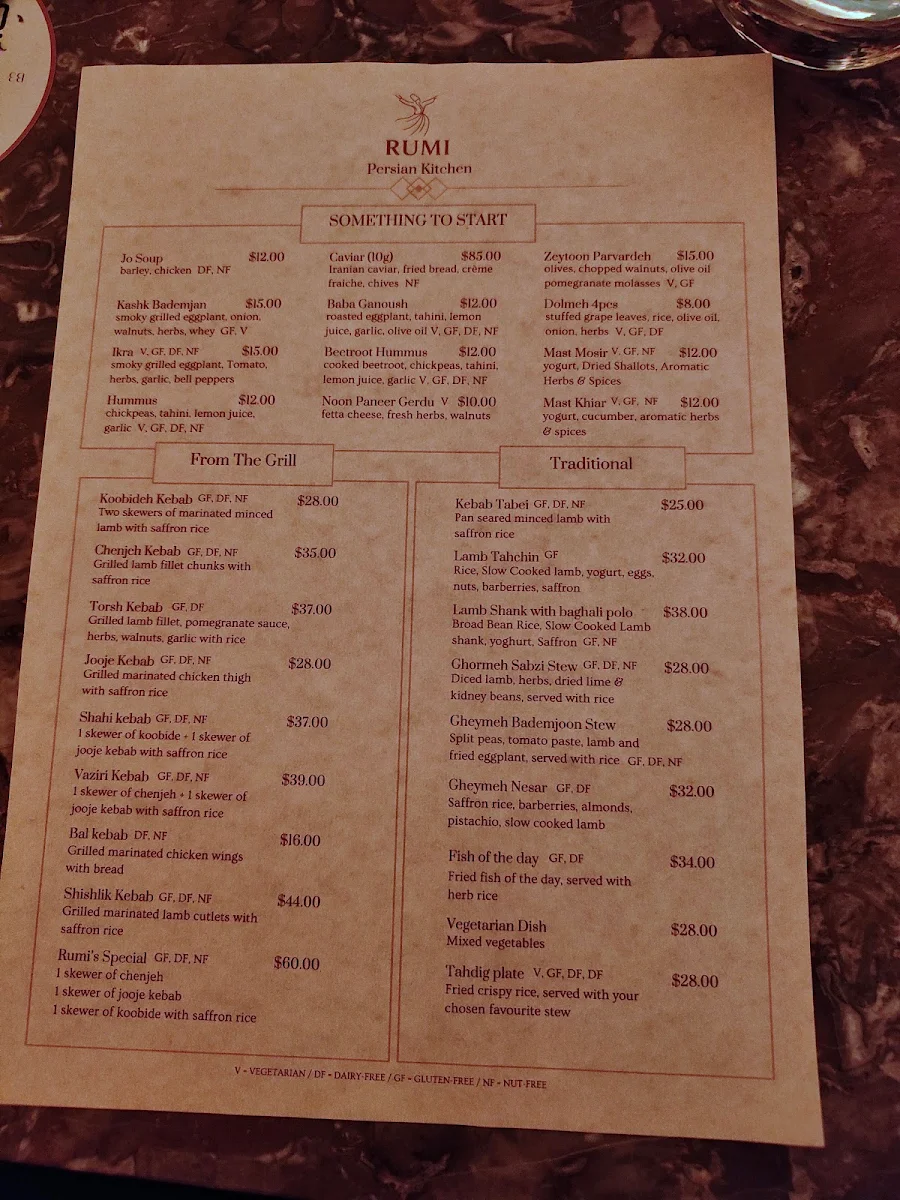 Menu, Rumi Persian Kitchen