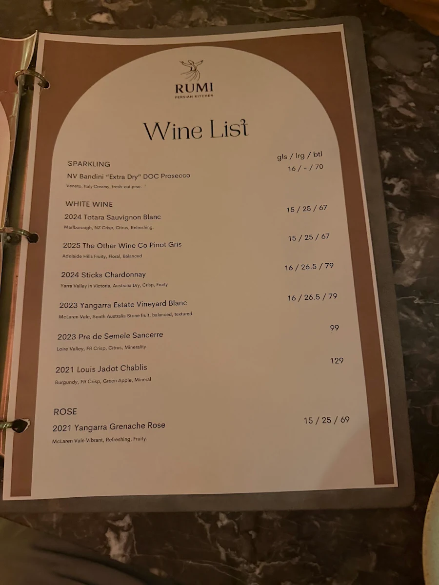 Menu, Rumi Persian Kitchen
