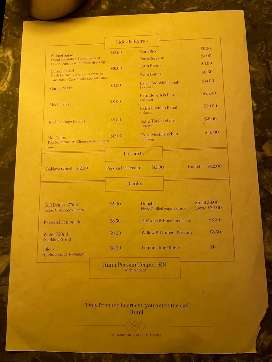 Menu, Rumi Persian Kitchen