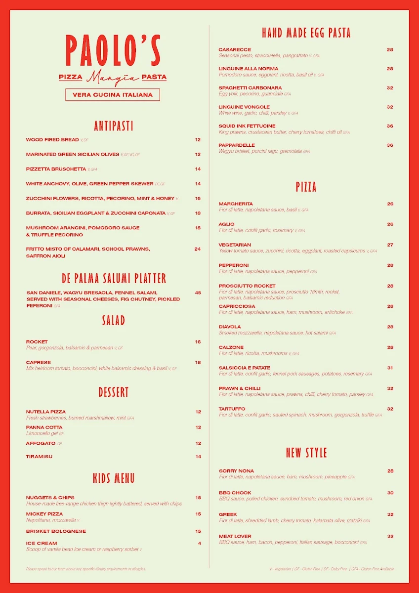 Menu, Paolo’s