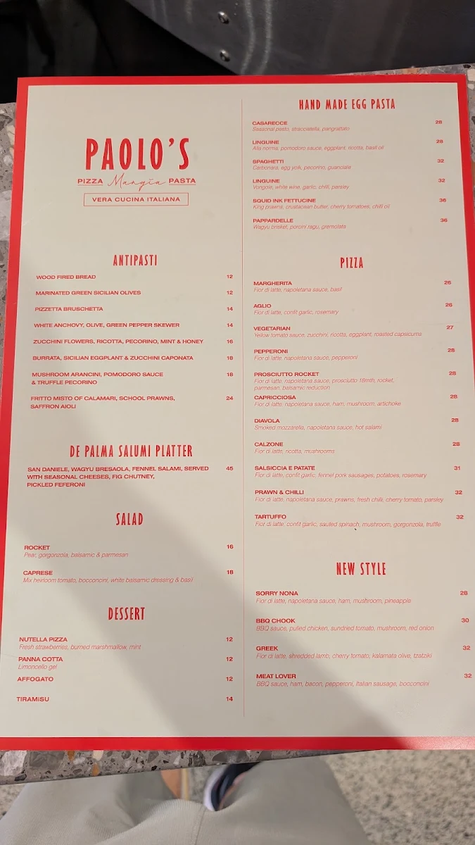 Menu, Paolo’s