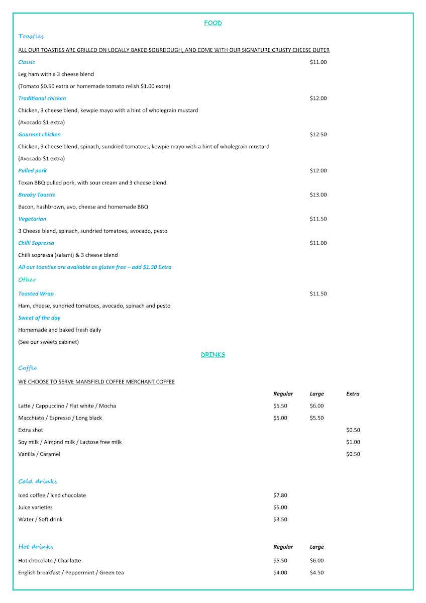 Menu, Brew & Toasties