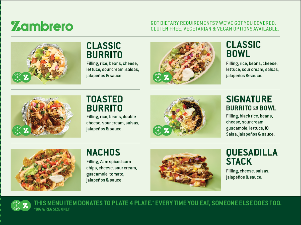 Menu, Zambrero North Penrith