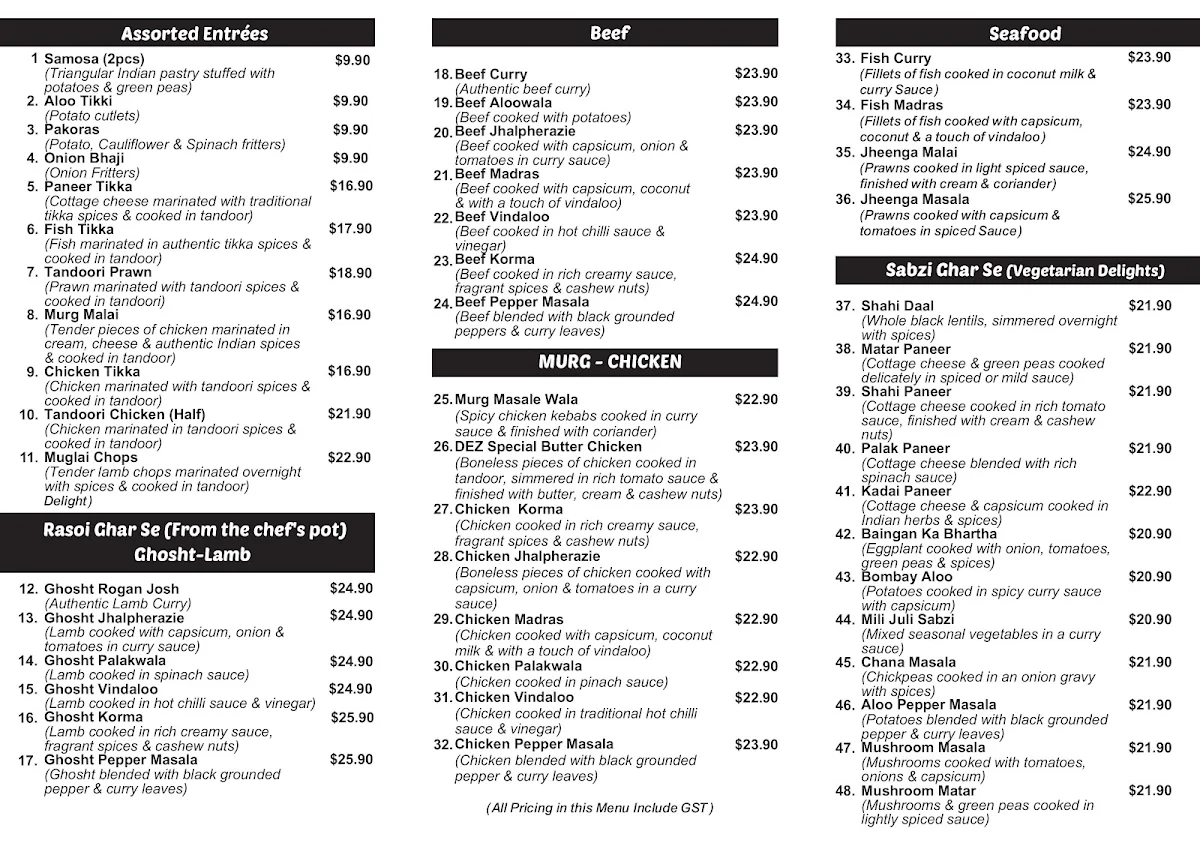 Menu, (DEZ) Daawat-e-Zaika Indian Restaurant