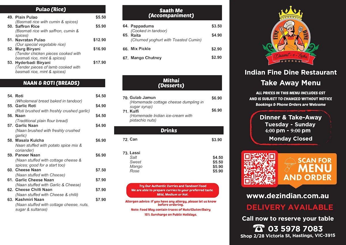 Menu, (DEZ) Daawat-e-Zaika Indian Restaurant
