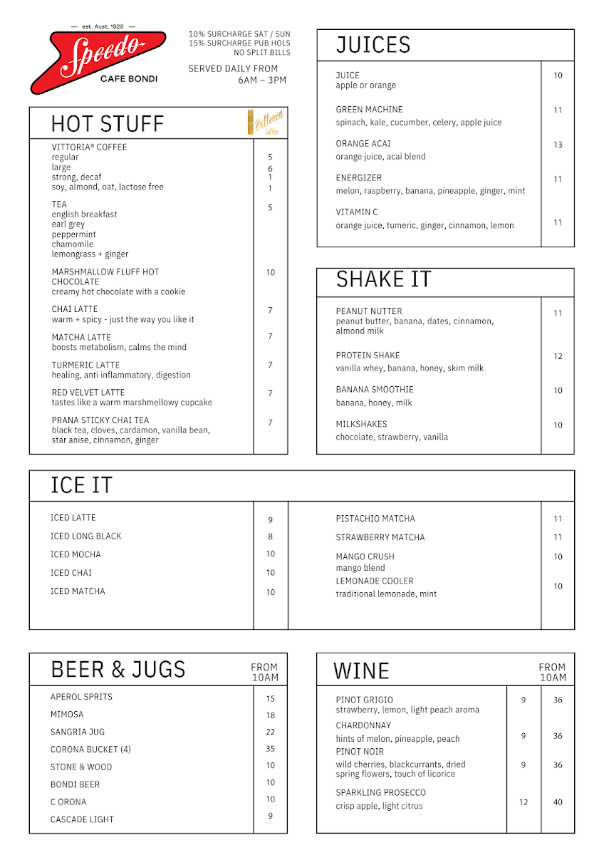 Menu, Speedos Cafe