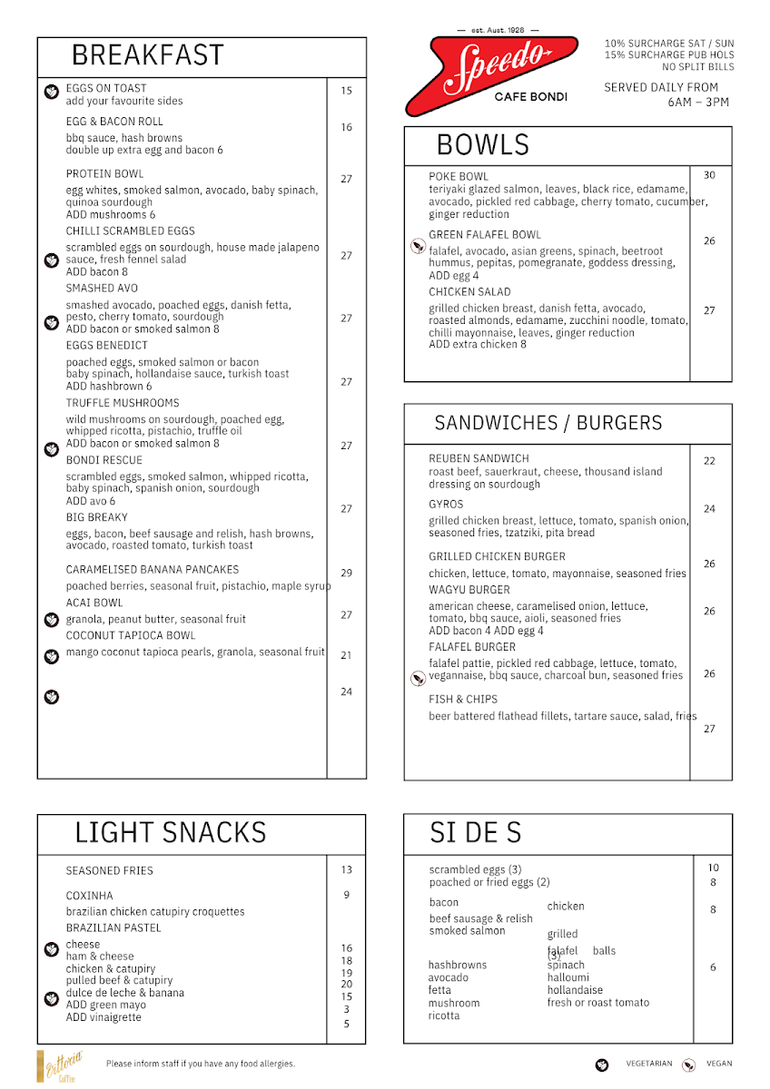 Menu, Speedos Cafe