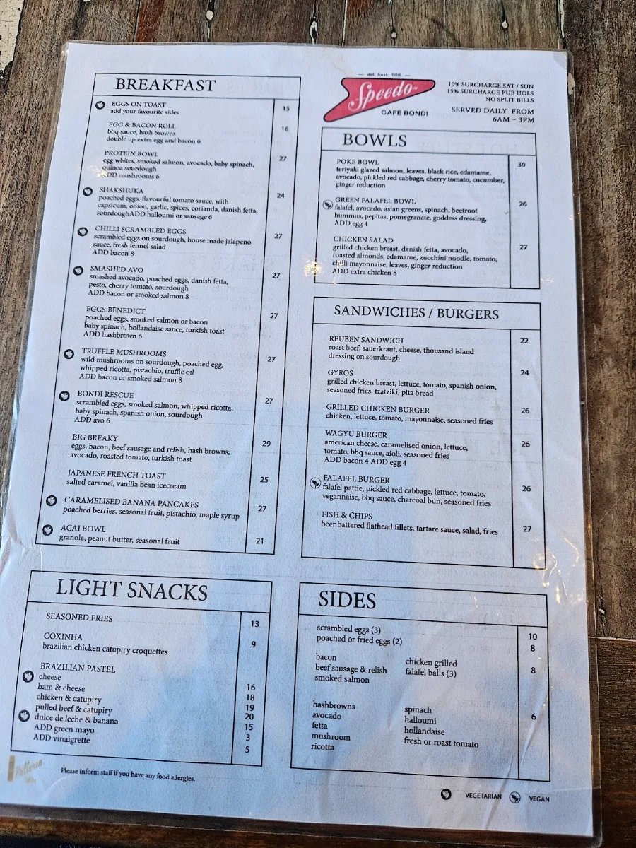 Menu, Speedos Cafe