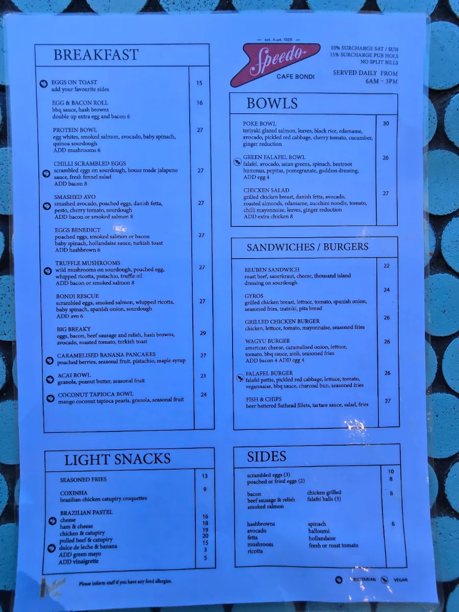 Menu, Speedos Cafe
