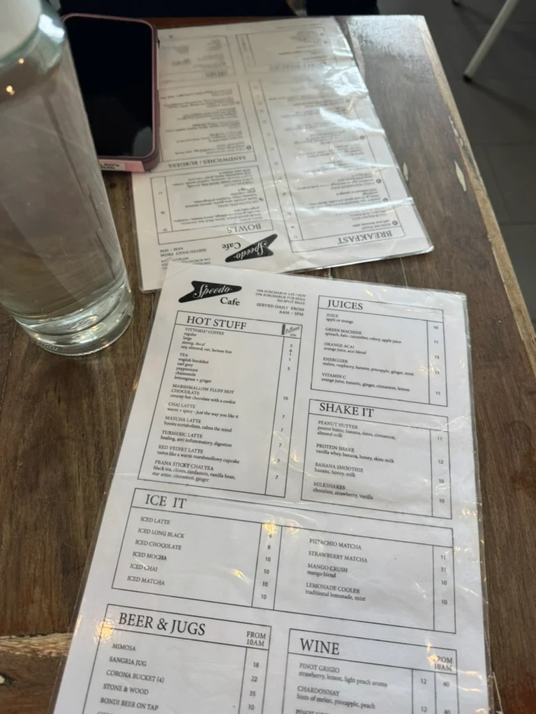 Menu, Speedos Cafe