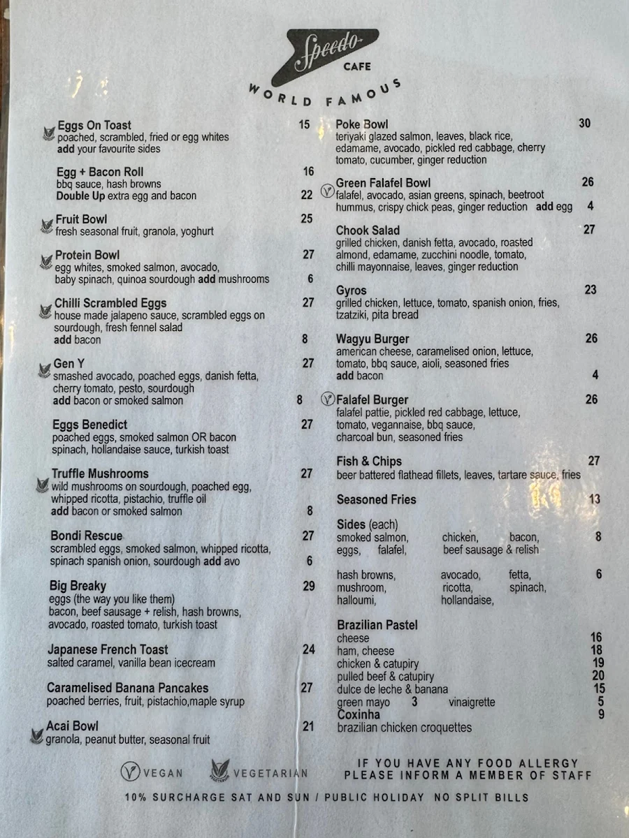Menu, Speedos Cafe