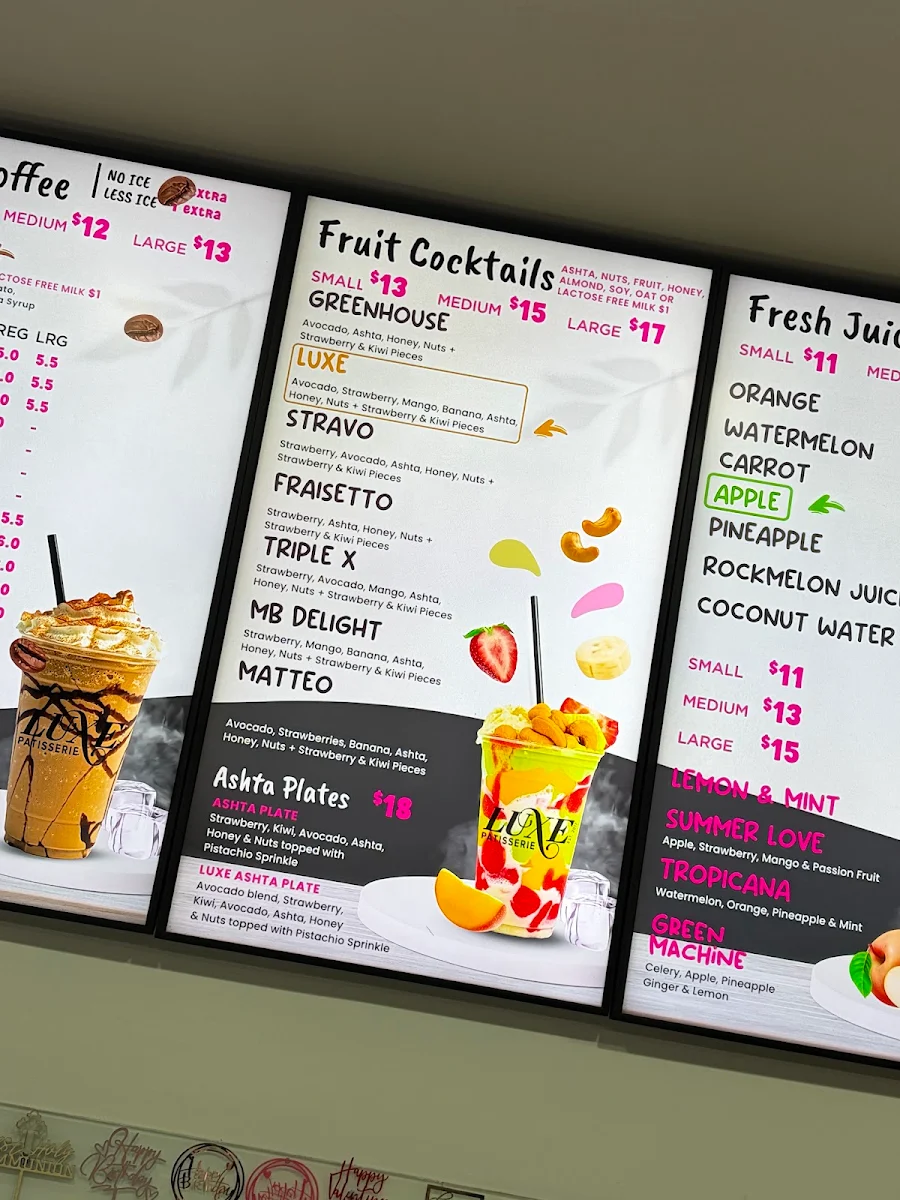 Menu, LUXE PATISSERIE & SWEETS PTY LTD