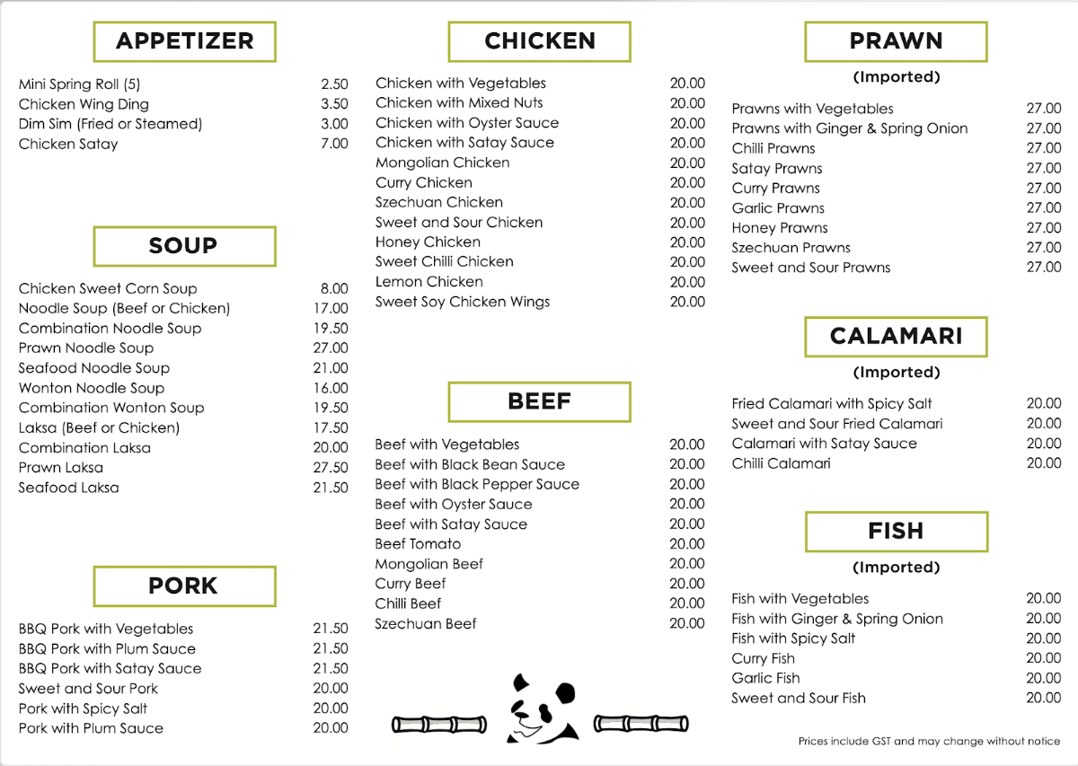 Menu, Panda Food Centre Karama