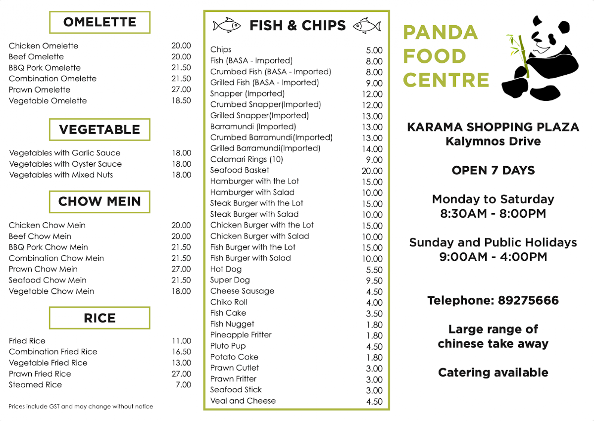 Menu, Panda Food Centre Karama