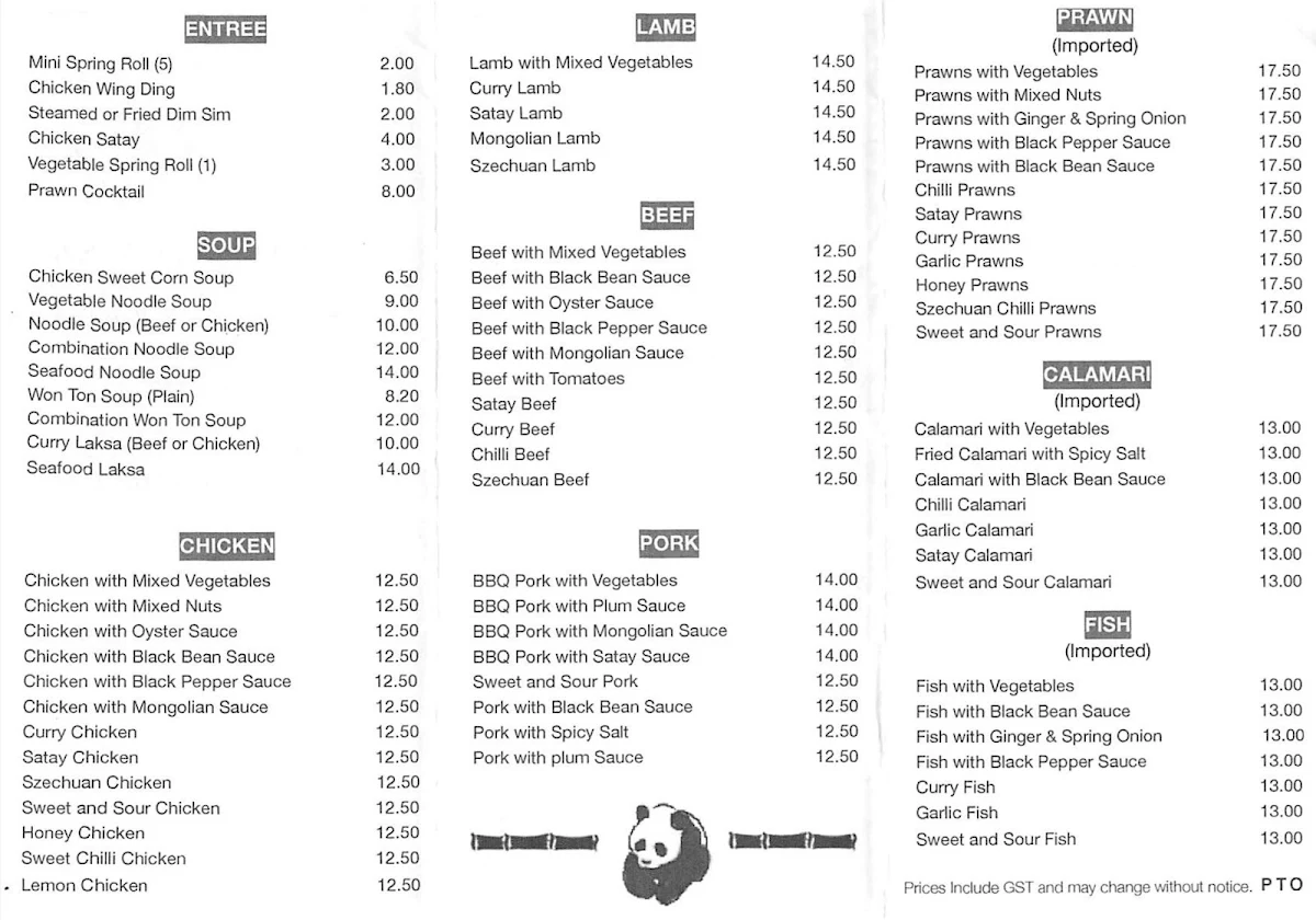 Menu, Panda Food Centre Karama
