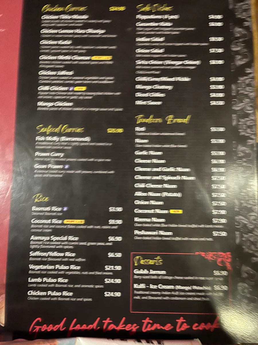 Menu, Aamaya Indian Restaurant