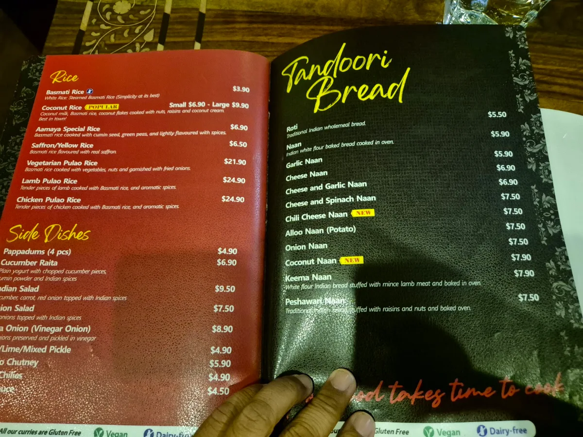 Menu, Aamaya Indian Restaurant